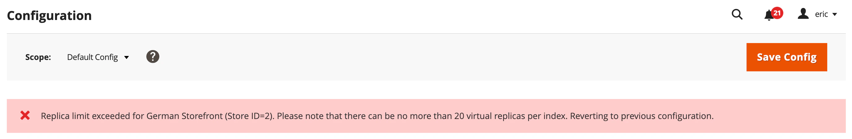 Screenshot of a configuration page with an error: 'Replica limit exceeded for German Storefront (Store ID=2). Reverting to previous configuration.'