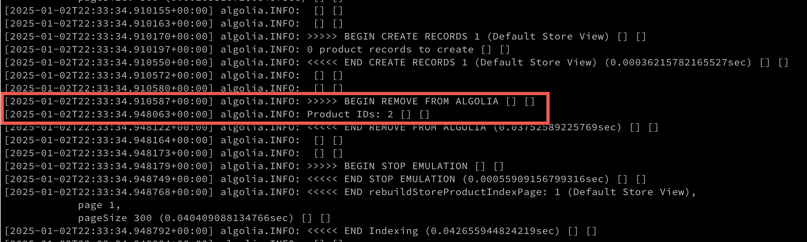 Screenshot of log entries showing an 'Algolia. INFO' message that indicates a 'BEGIN REMOVE FROM Algolia' operation with 'Product IDs: 2' highlighted.