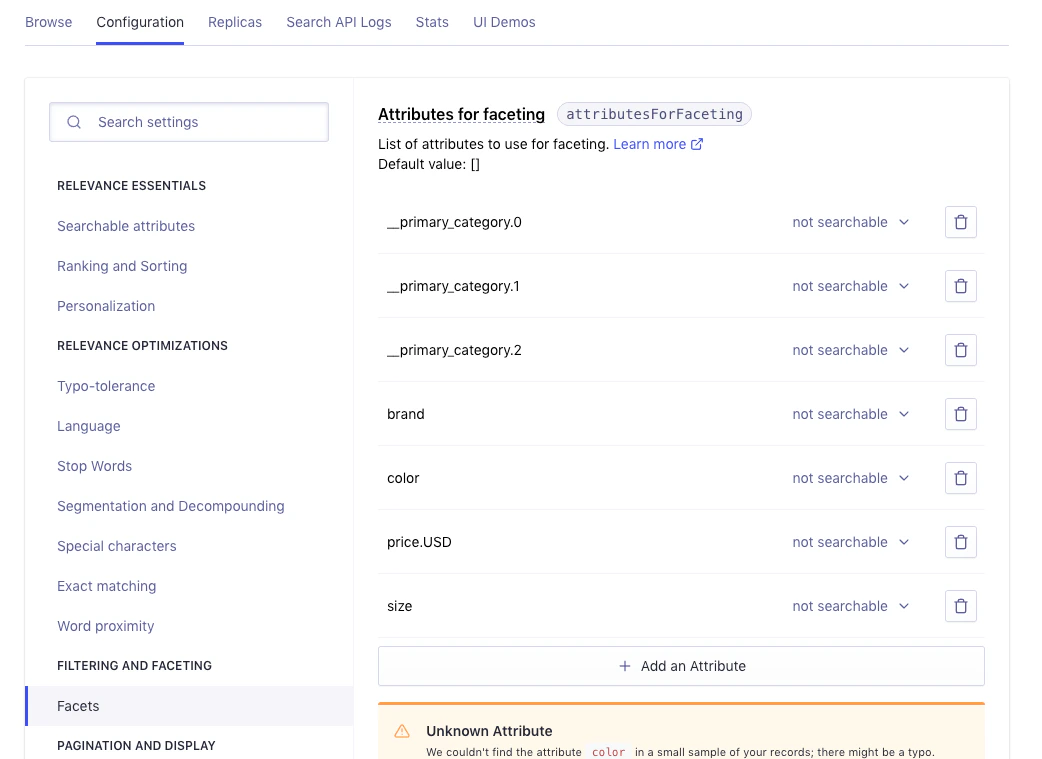 Screenshot of the 'Configure your search' page, showing the 'Facets' section with attributes like '__primary_category.0' and 'brand', each with a 'not searchable' drop-down menu and delete icon.