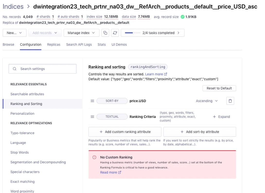 Screenshot of the 'Replicas' config page showing 'price. USD' as the sort-by attribute and a warning about no custom ranking.