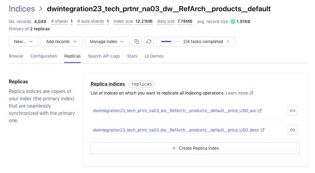 Screenshot of the 'Replicas' section in the Algolia dashboard, showing a list of existing replica indices and a button to 'Create Replica Index'.