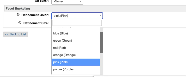 Screenshot of a drop-down menu in the 'Facet Bucketing' section showing color options, with 'pink (Pink)' selected.