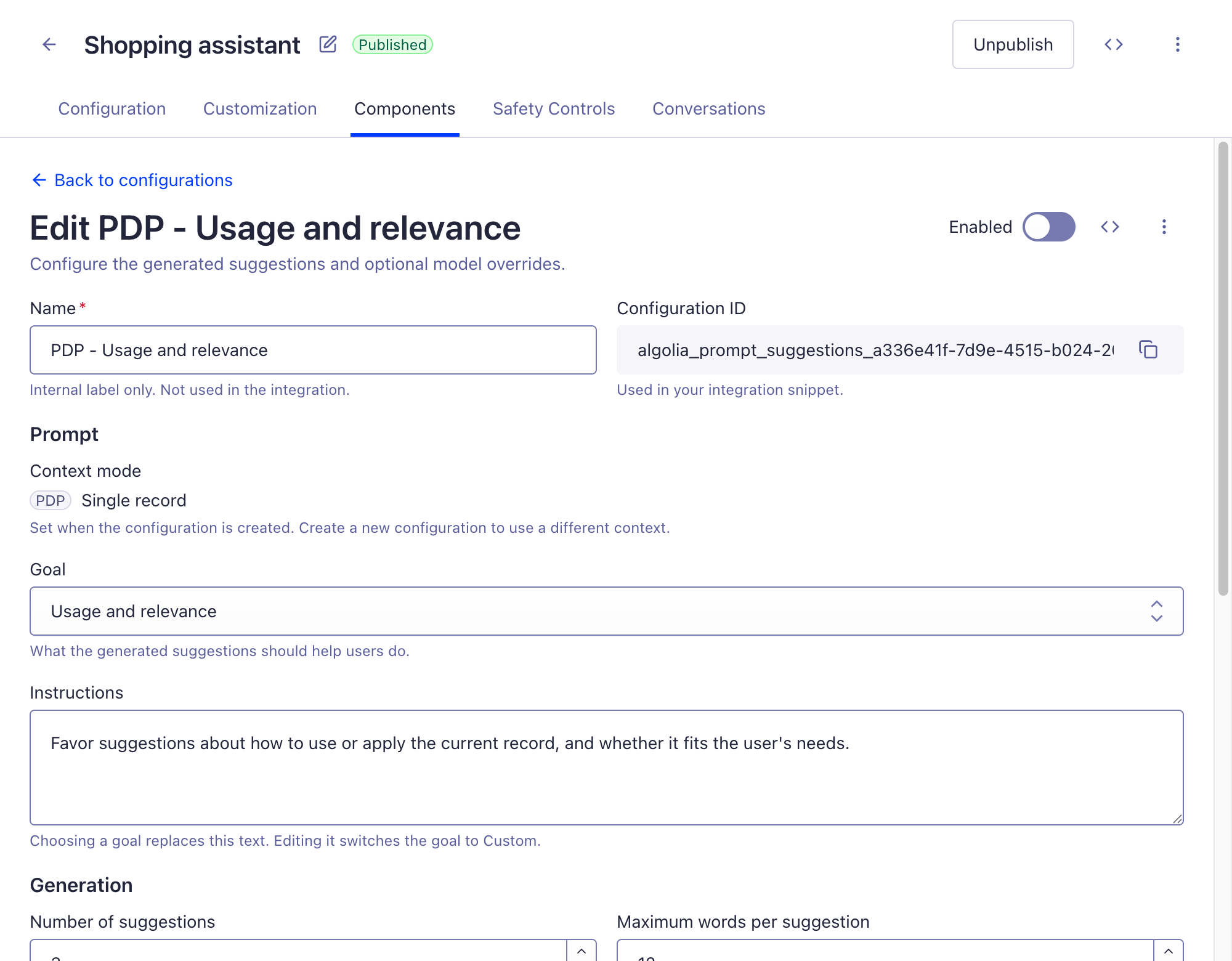 Screenshot of the prompt configuration editor in the Agent Studio dashboard, showing the Prompt and Generation sections.