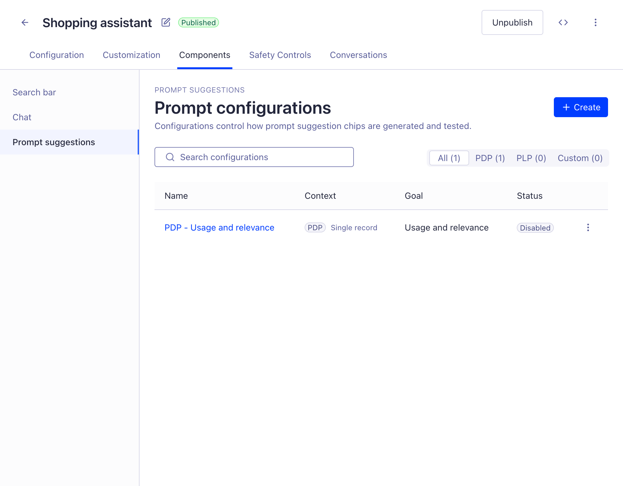 Screenshot of the Prompt configurations list in the Components section of the Agent Studio dashboard.