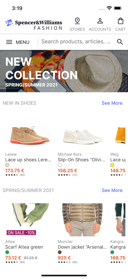 Screenshot of the mobile view for the Flutter demo app showing the home screen with banners, product listings, and the search input