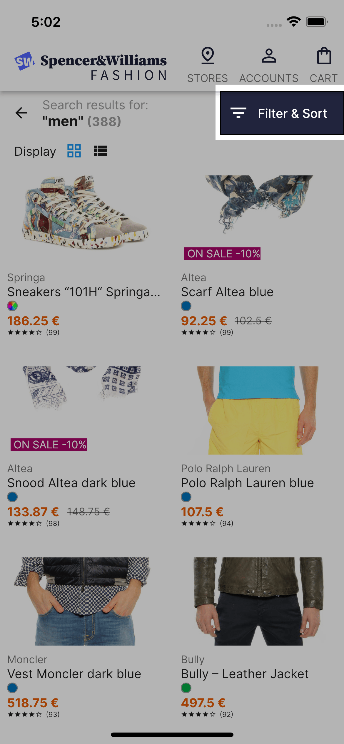 Screenshot of a mobile shopping app showing a 'Filter and Sort' button at the top right, above a grid of men's fashion items with prices and ratings.