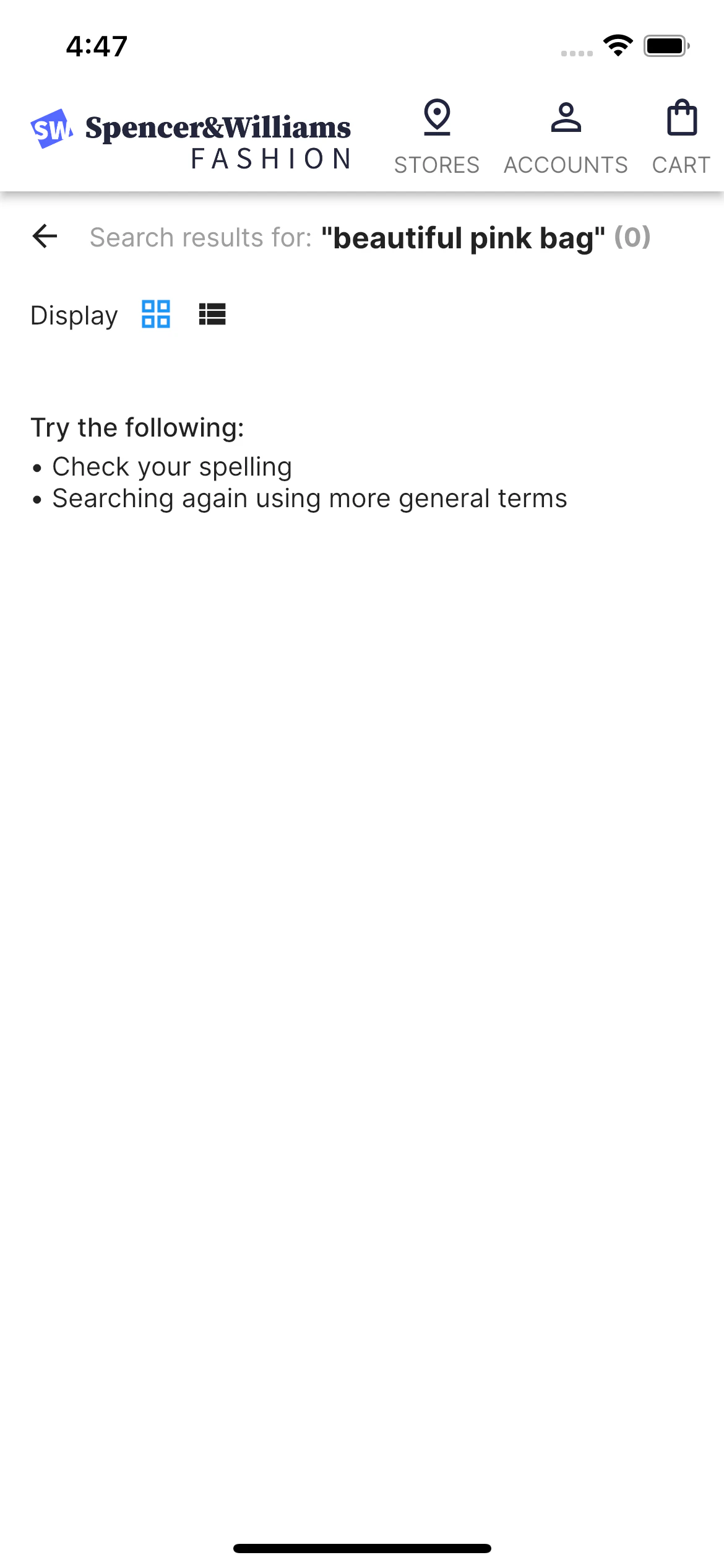 Screenshot of a mobile search results page showing 'Search results for: 'beautiful pink bag' (0)' with suggestions to check spelling or use more general terms.