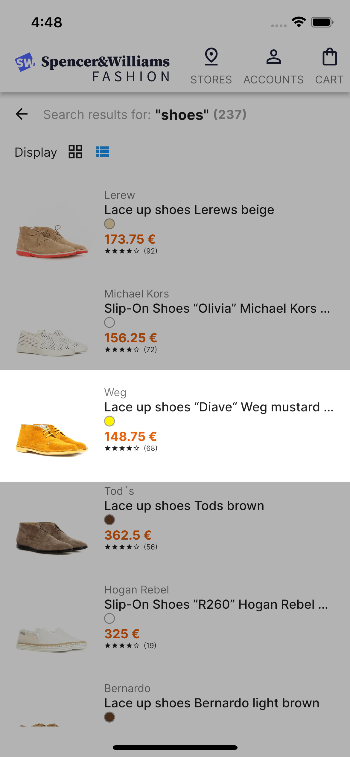 Screenshot of a product card showing a list of shoes with images, brand names, product titles, prices in euros, and star ratings.