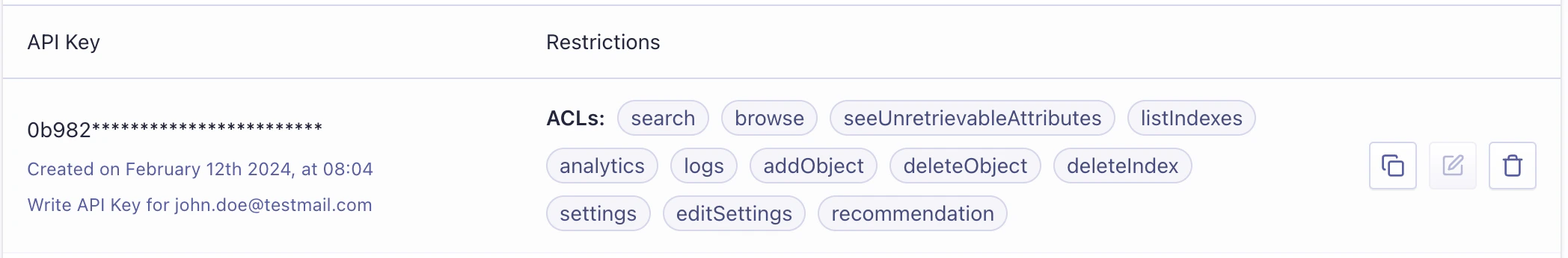 Screenshot of an API key with ACLs including 'search', 'browse', 'seeUnretrievableAttributes', and others.