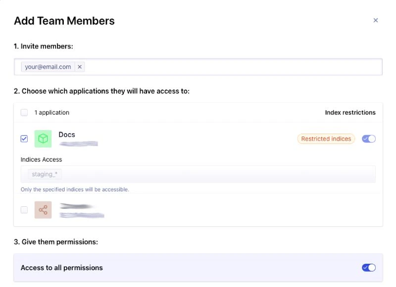 Screenshot of a team member invitation form with application access to 'Docs' and 'staging_*' indices, and 'Access to all permissions' enabled.