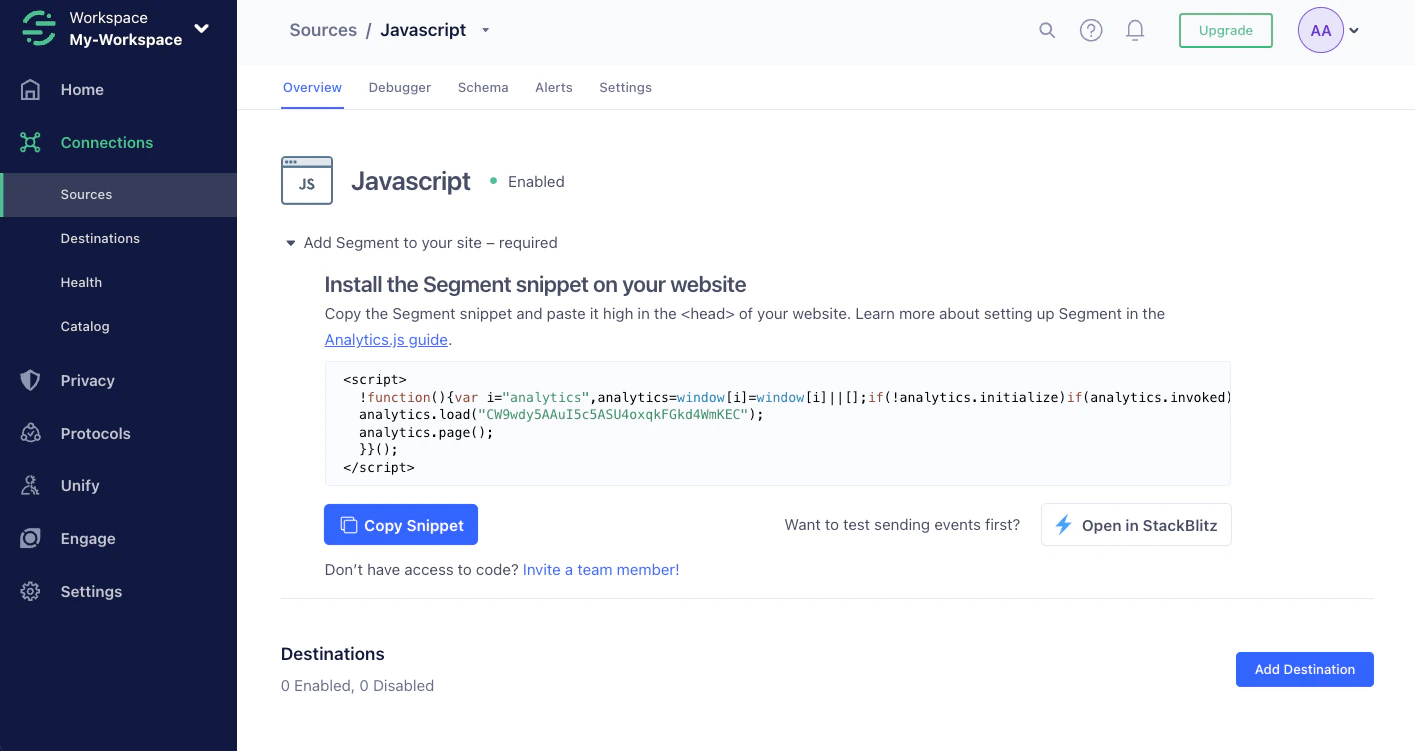 Screenshot of the Segment dashboard showing the 'JavaScript' source with a 'Copy Snippet' button and 'Destinations' section.