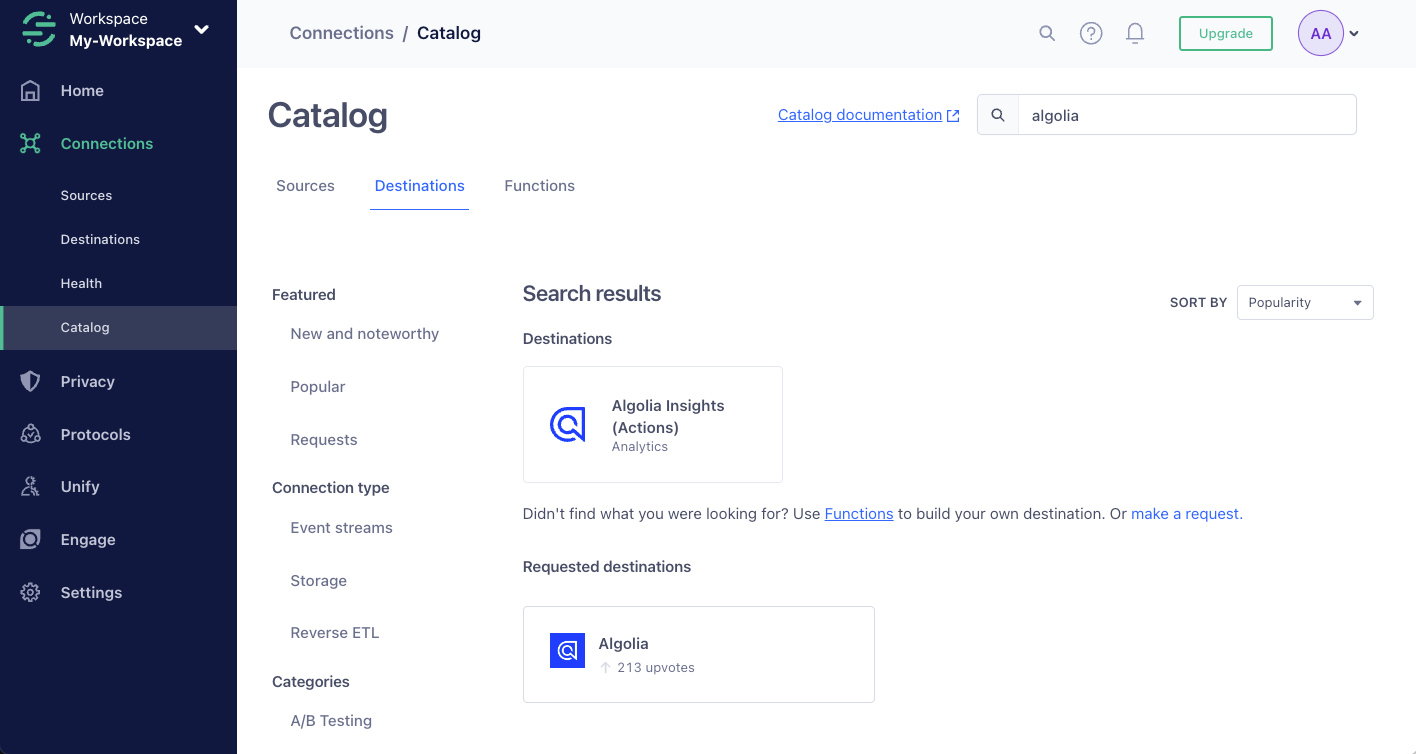 Screenshot of the Segment Catalog page showing the 'Algolia' destination listed under 'Requested destinations' with 213 votes.