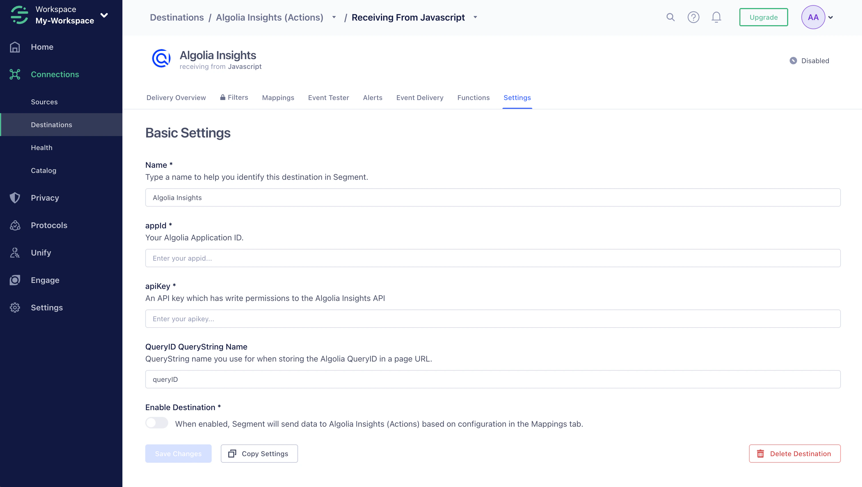 Screenshot of the 'Algolia Insights' settings page with fields for Name, app ID, API key, and QueryID QueryString Name, and an Enable Destination toggle.
