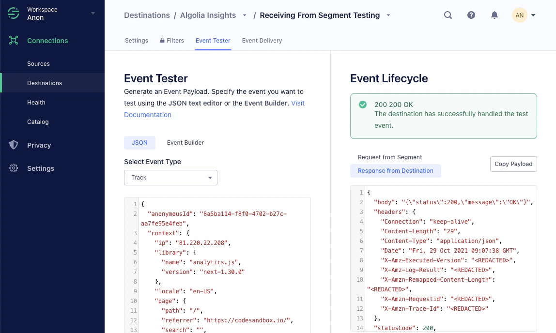 Send a test event to the Algolia Insights destination