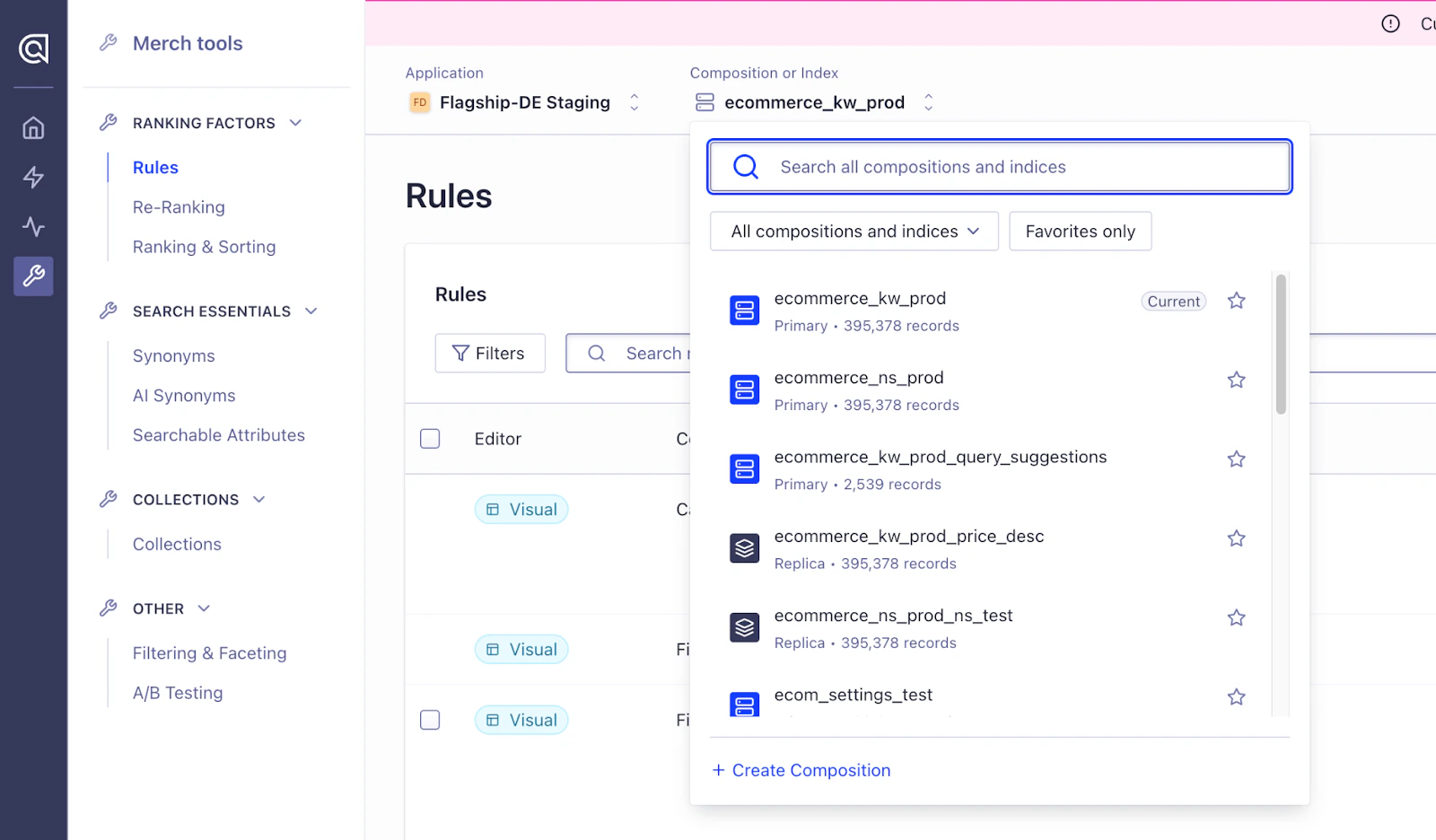 Merchandising Studio with index selector menu and a button that lets you create a new composition