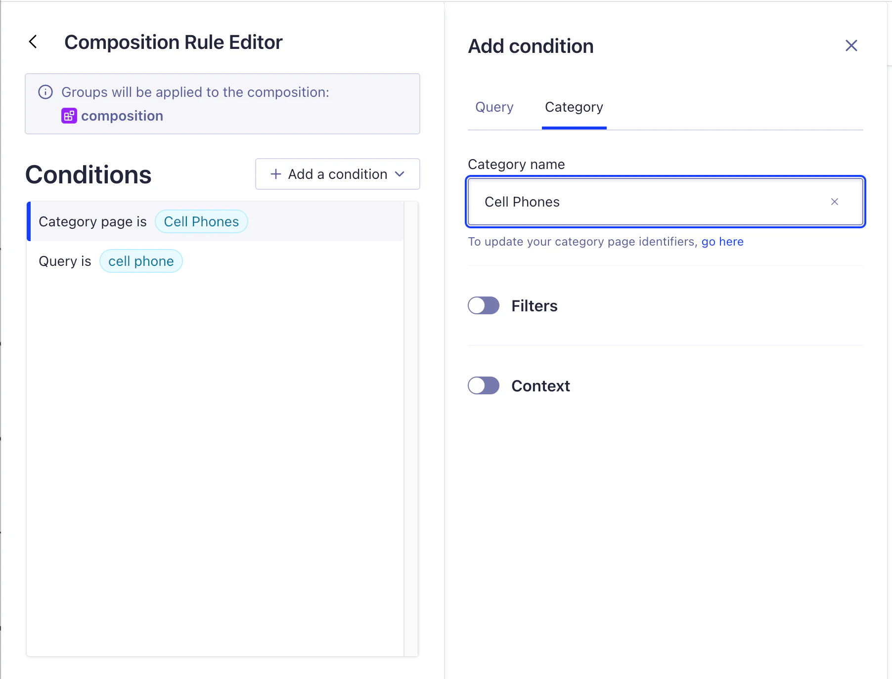 In the Composition Rule Editor, add a Category Condition
