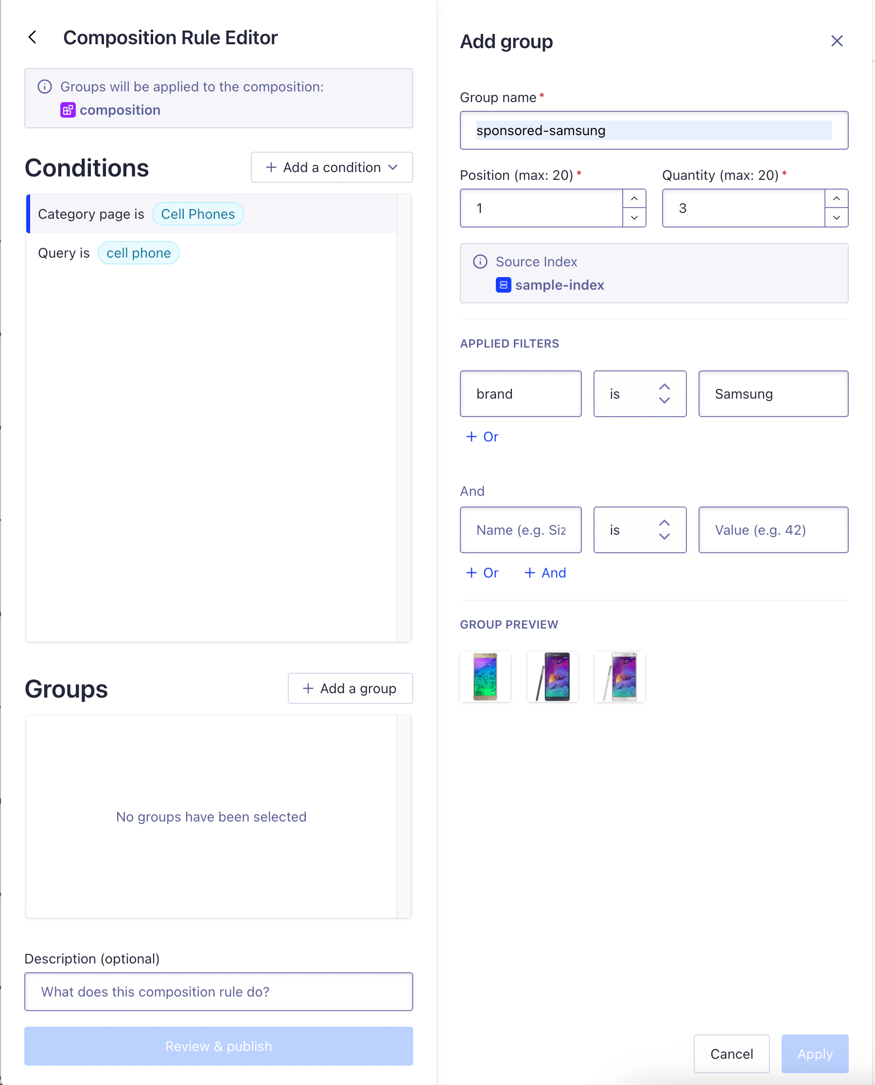 Screenshot of the 'Add group' panel with fields for 'Group name', 'Position', 'Quantity', and 'Source Index', and filters for 'brand is Samsung'.