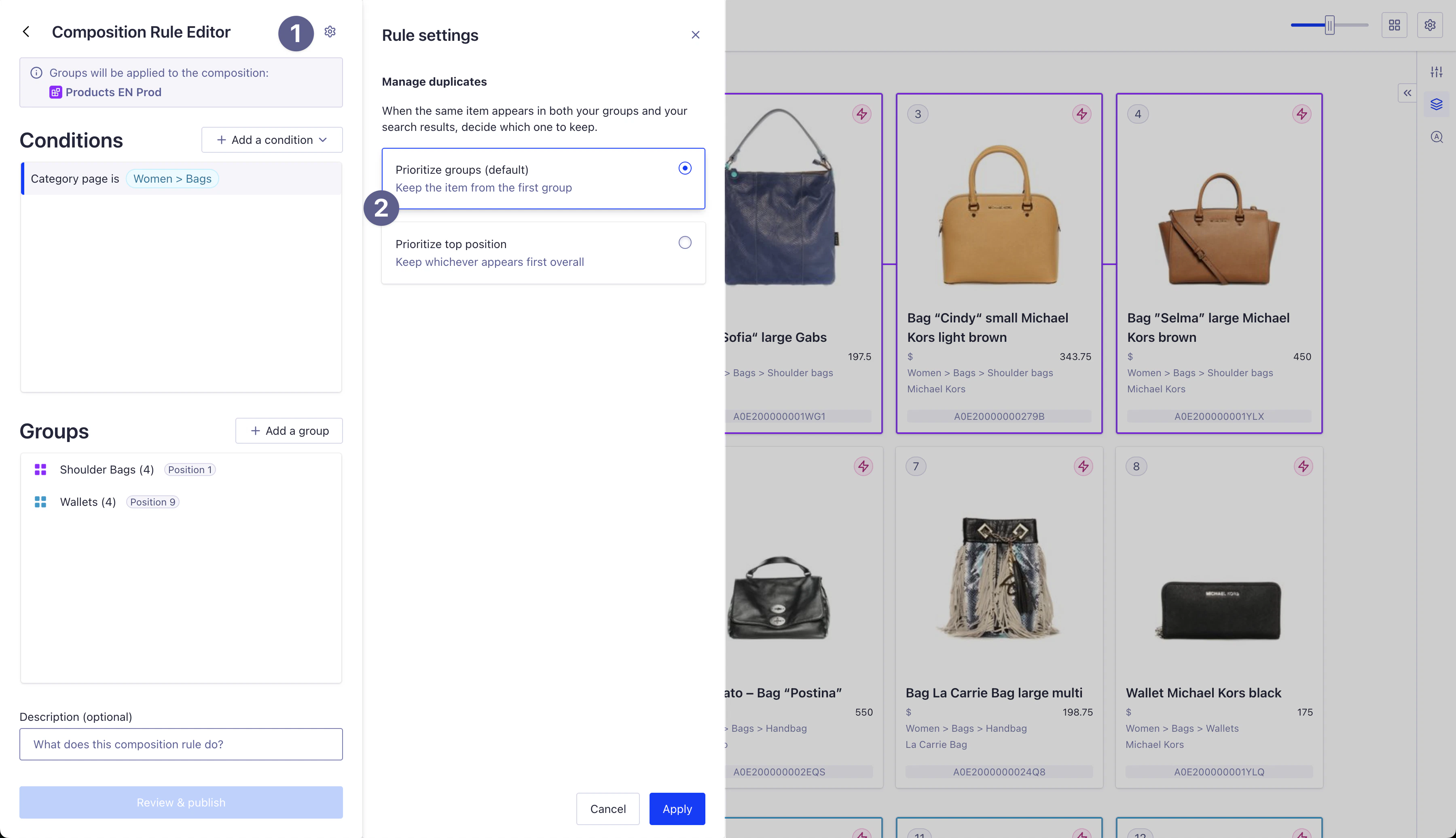 Screenshot of a 'Composition Rule Editor' interface showing the 'Rule settings' dialog with 'Prioritize groups (default)' selected for deduplication.