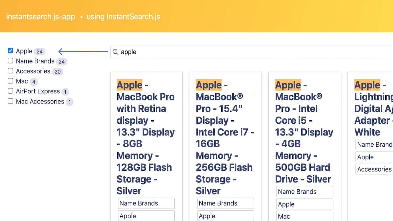 Screenshot of an automatically selected 'Apple' facet with 24 results, showing filtered search results for Apple products.