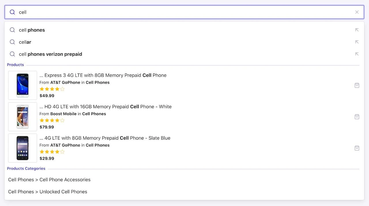 Screenshot of a search interface showing autocomplete suggestions for 'cell' with product results and categories.
