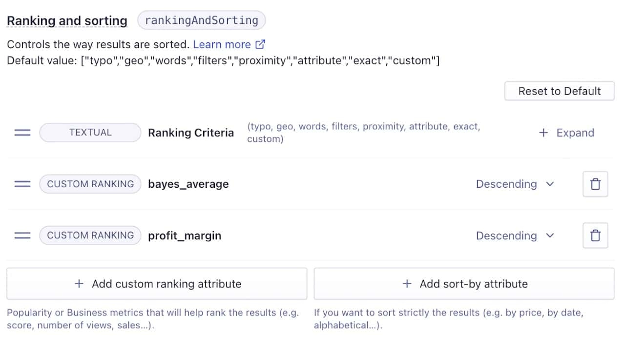 Two custom ranking attributes: bayes_average and profit_margin