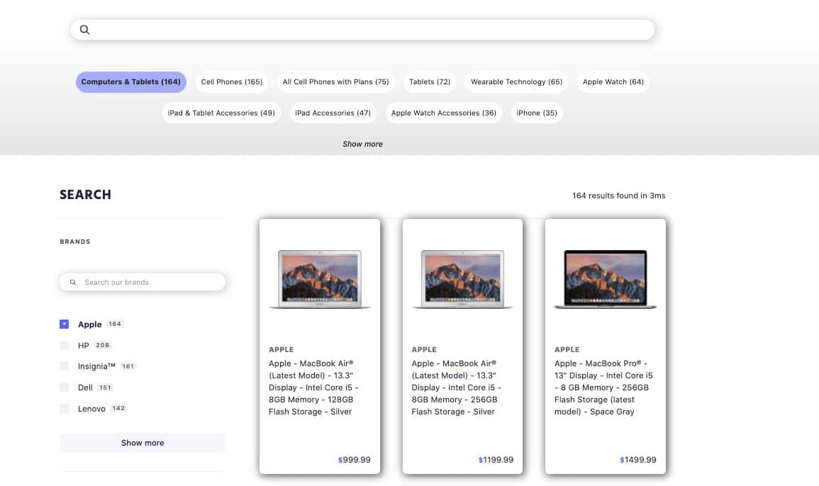 Screenshot of a guided search results page showing 'Computers and Tablets' category with three Apple laptop products and a brand filter sidebar.
