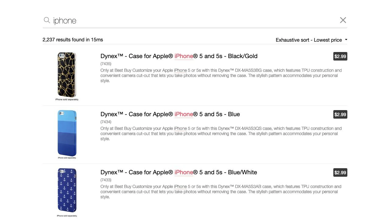 Screenshot of a search results page showing 'Exhaustive sort - Lowest price' with three Dynex™ iPhone cases listed, each with a price of $2.99.