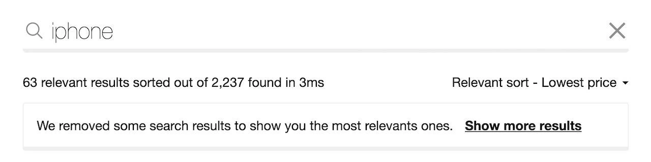 Screenshot of a search interface with 'iPhone' in the search box, showing 63 relevant results sorted by 'Relevant sort - Lowest price'.