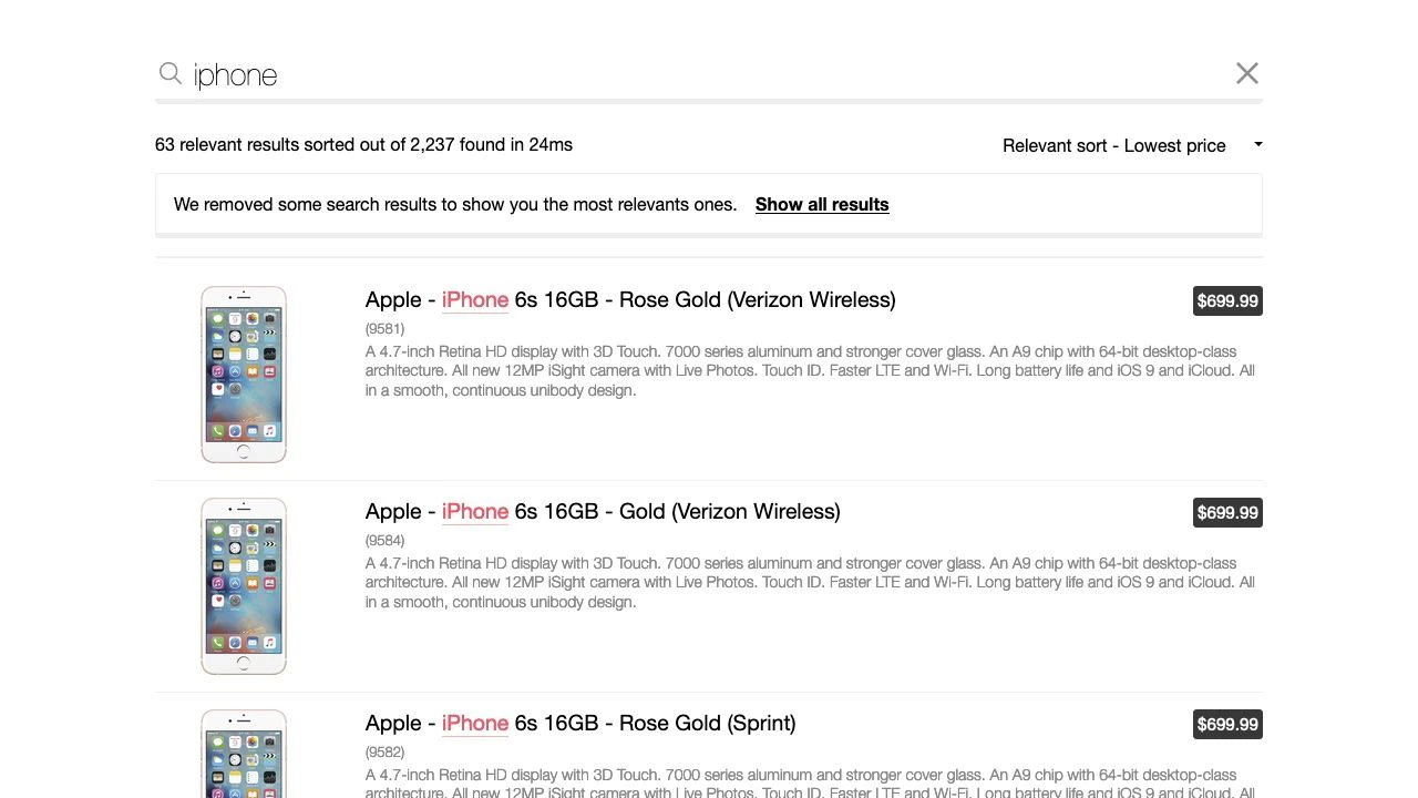 Screenshot of a search results page for 'iPhone' showing 63 relevant results sorted by 'Relevant sort - Lowest price' with phone listings.