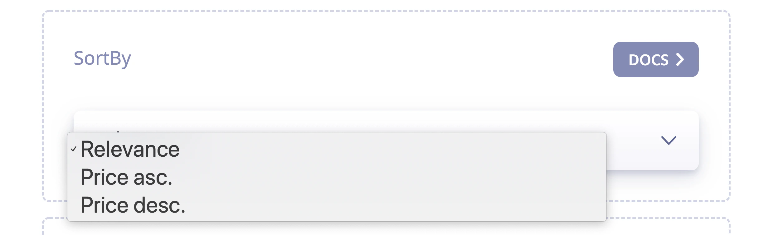 Screenshot of a 'SortBy' drop-down menu showing options: 'Relevance', 'Price ascending', and 'Price desc.'.