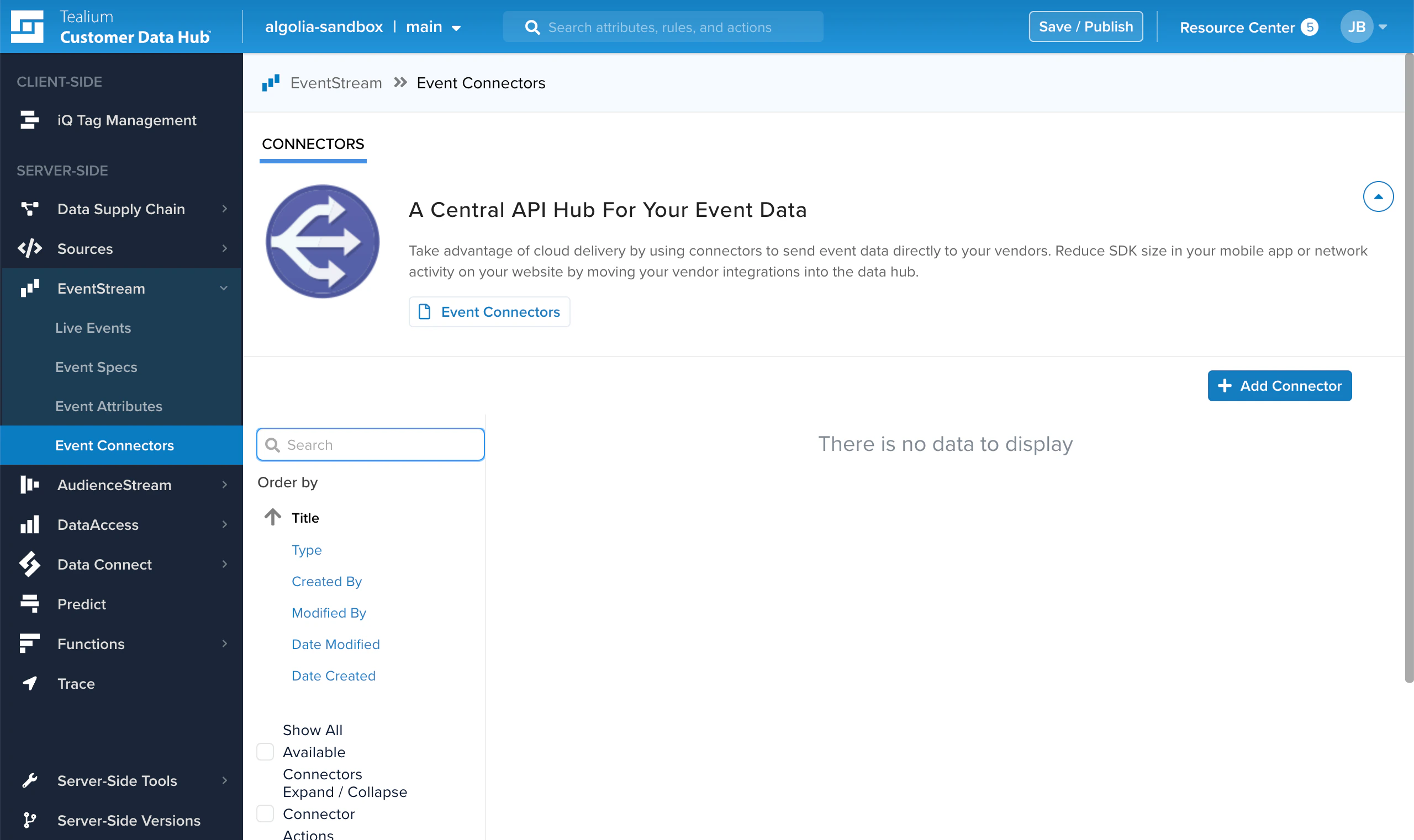 Screenshot of the Tealium Customer Data Hub interface showing the 'Event Connectors' page with a blue 'Add Connector' button and a 'Search' field.