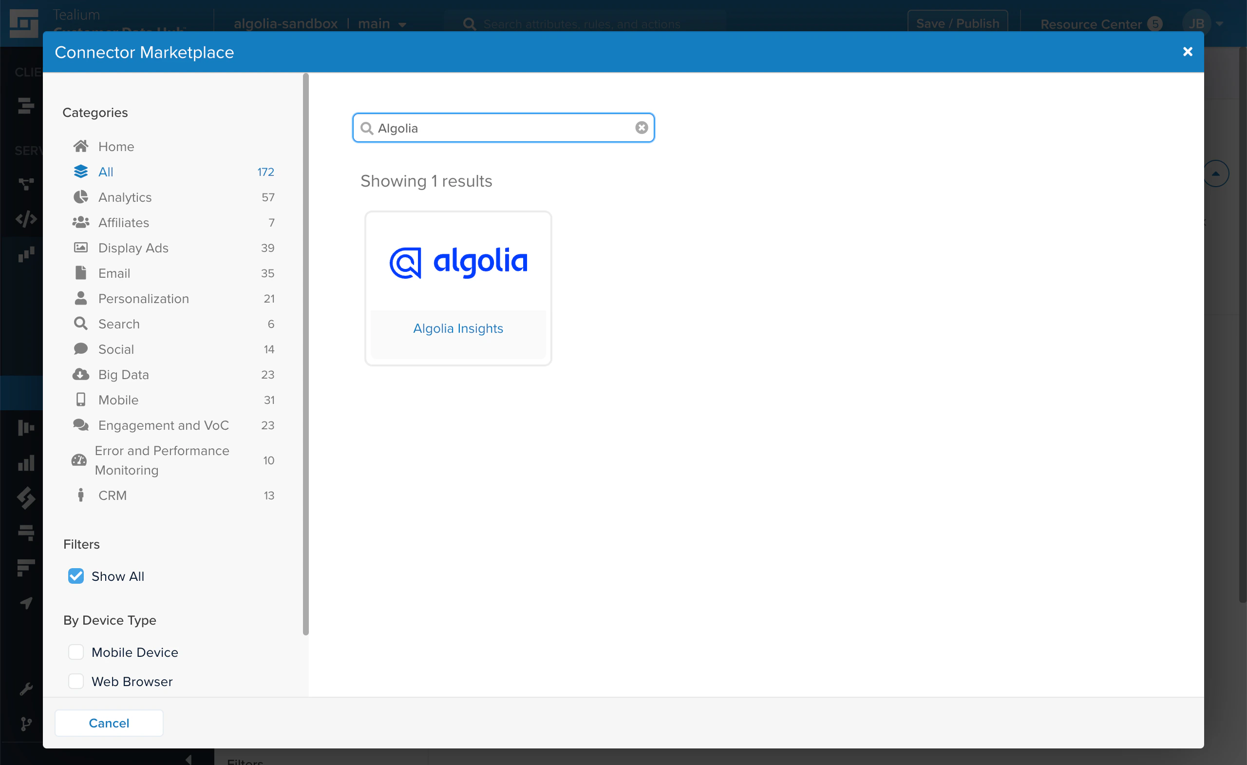 Screenshot of the 'Connector Marketplace' dialog in Tealium, showing a search for 'Algolia' with one result: the 'Algolia Insights' connector.