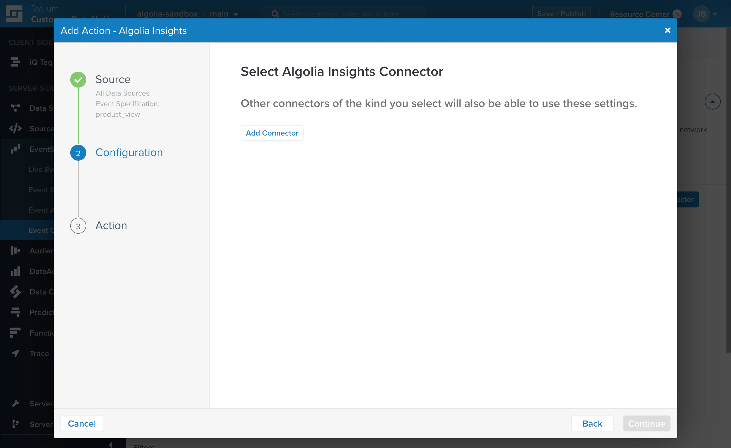 Screenshot of a dialog titled 'Add Action - Algolia Insights' showing a 'Configuration' step with an 'Add Connector' button and 'Continue' at the bottom.
