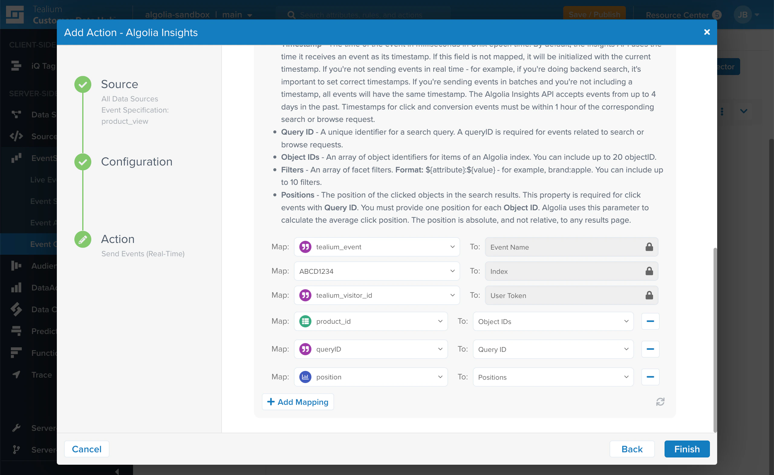 Screenshot of an 'Add Action - Algolia Insights' dialog showing field mappings like event name and product ID to 'Object IDs'.