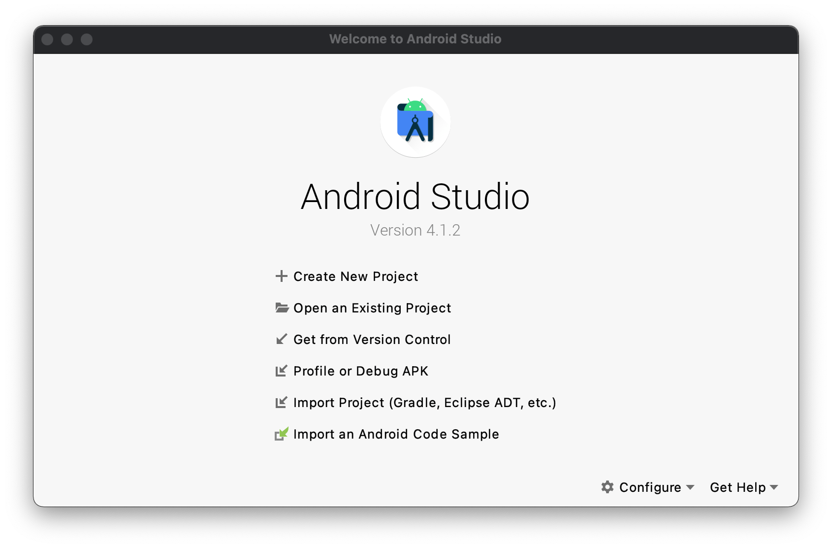 Screenshot of the Android Studio welcome screen showing the 'Create New Project' option at the top of the list.