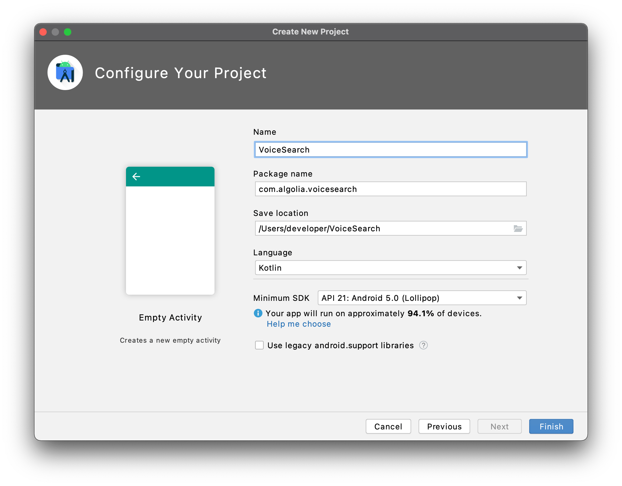 Screenshot of the 'Create New Project' dialog showing the 'Name' field with 'VoiceSearch' entered.