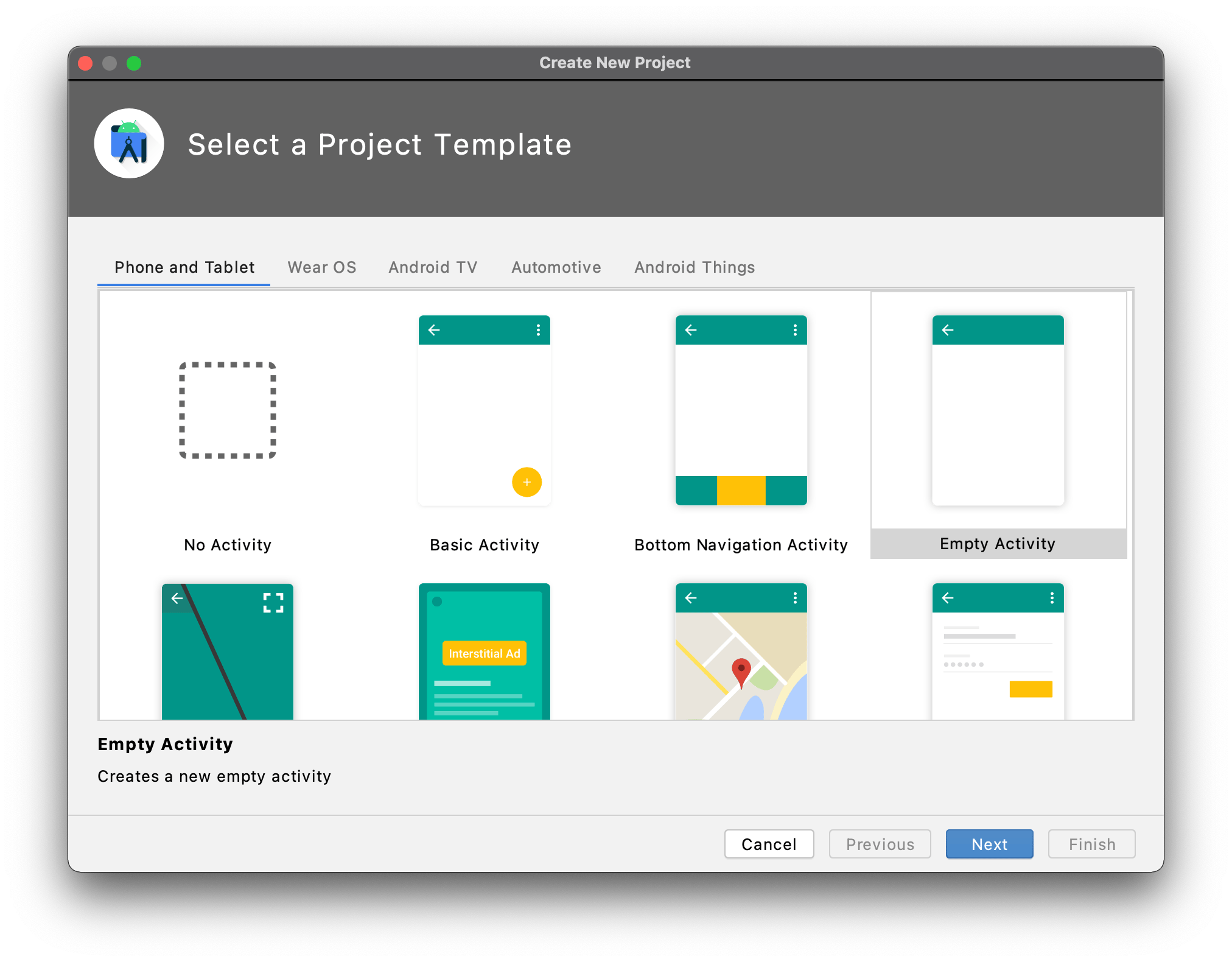 Screenshot of the 'Select a Project Template' screen with activity options like 'Empty Activity' and 'Basic Activity' under 'Phone and Tablet.'