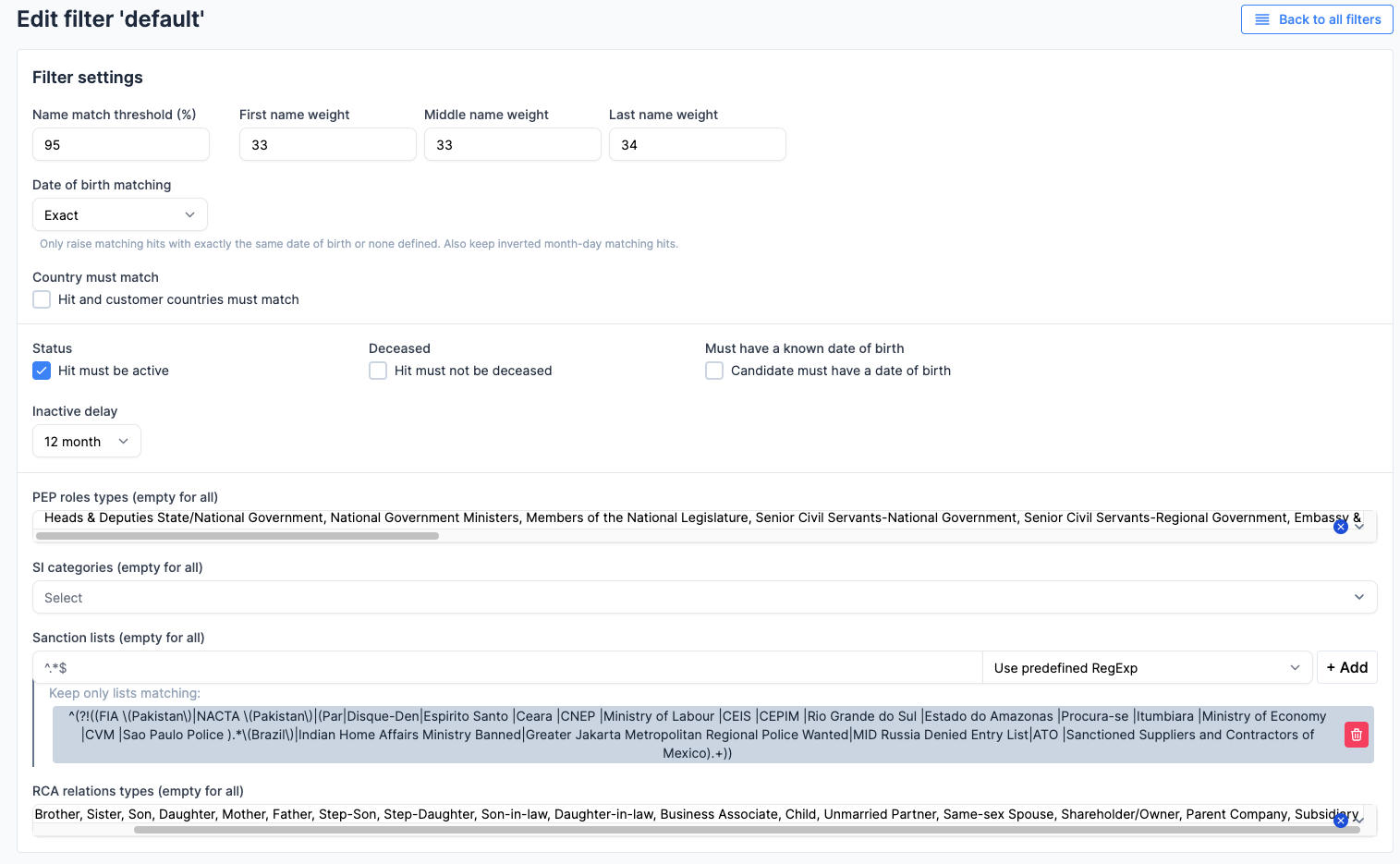 View of default post-filtering settings page
