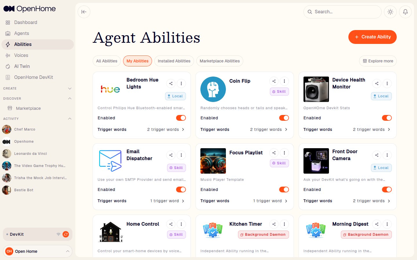 Agent Abilities page showing Ability cards across the Skill, Local, and Background Daemon categories