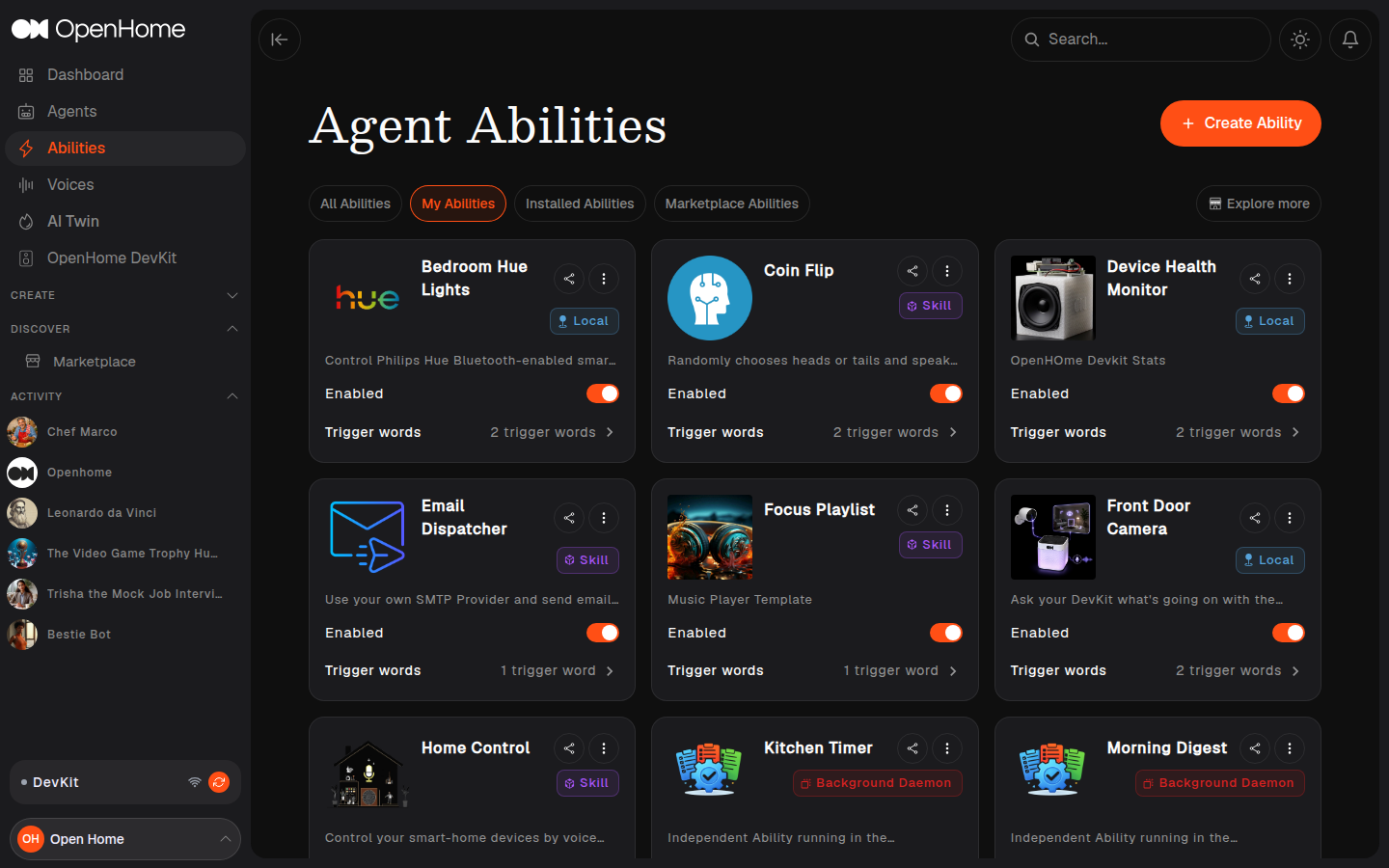 Agent Abilities page showing Ability cards across the Skill, Local, and Background Daemon categories