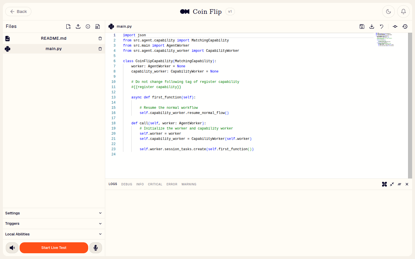 The created Ability open in the Live Editor with its scaffolded main.py