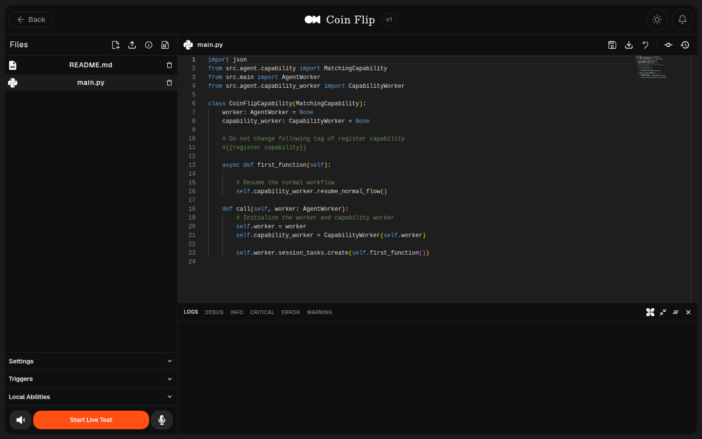 The created Ability open in the Live Editor with its scaffolded main.py