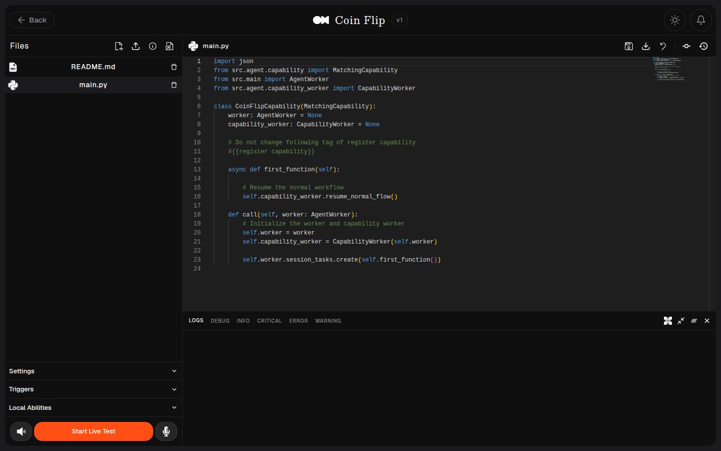 The created Ability open in the Live Editor with its scaffolded main.py