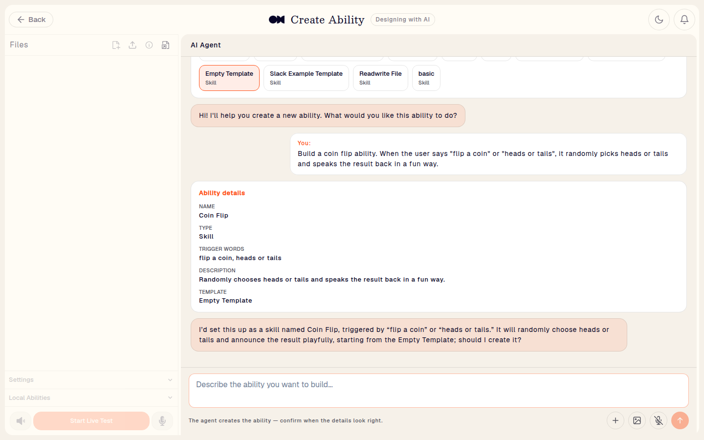 AI Agent proposing the Ability name, type, trigger words, description, and template before creating it