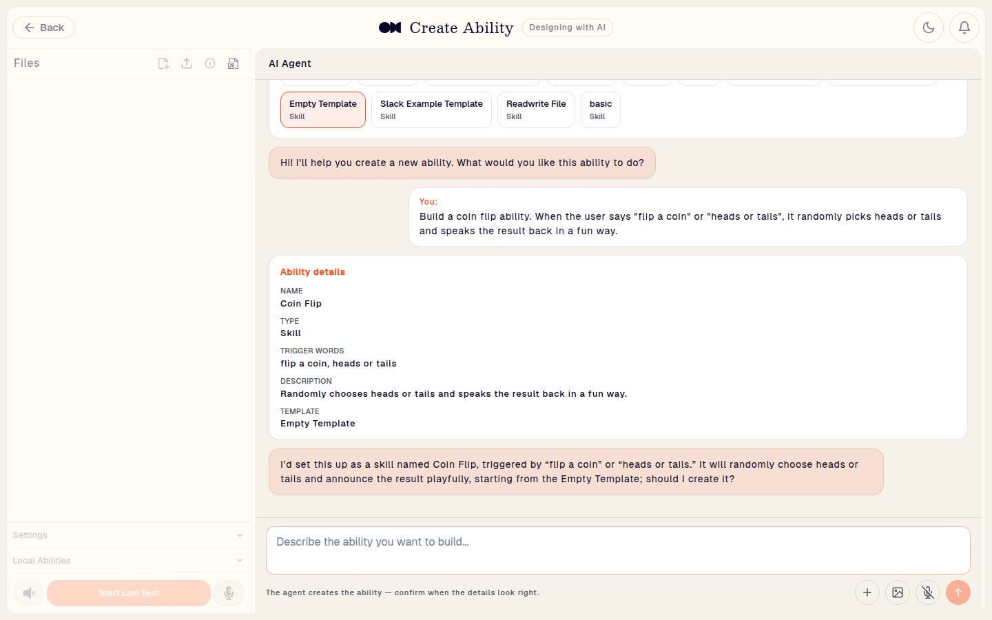AI Agent proposing the Ability name, type, trigger words, description, and template before creating it