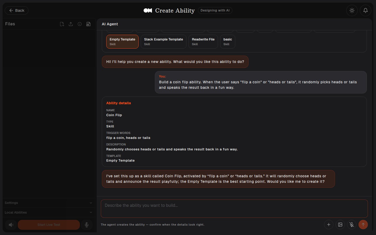 AI Agent proposing the Ability name, type, trigger words, description, and template before creating it