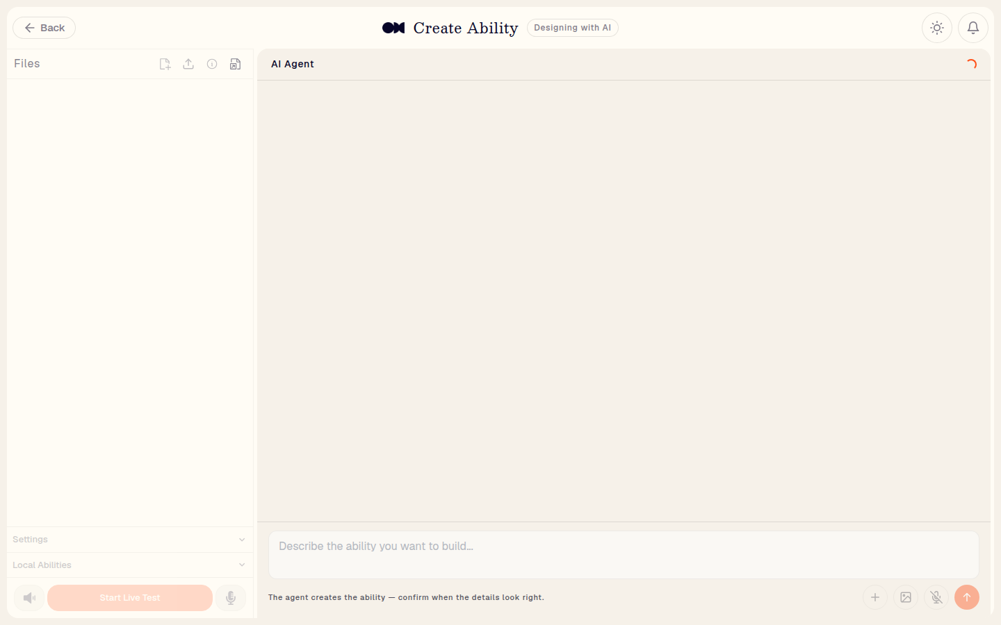 Design Ability with AI, showing the template shortcuts and the AI Agent's opening question