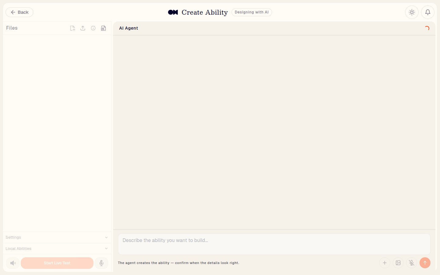 Design Ability with AI, showing the template shortcuts and the AI Agent's opening question