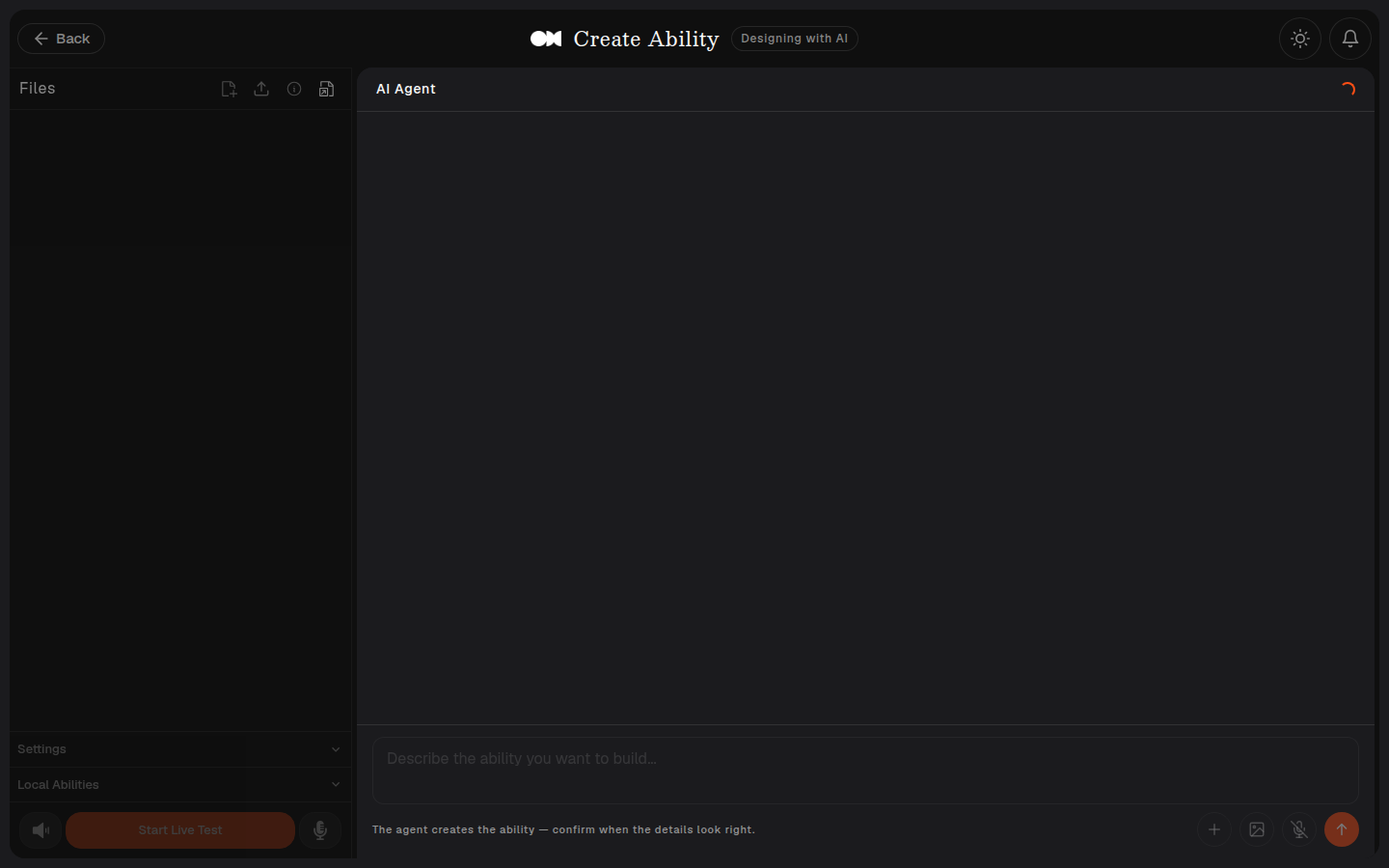 Design Ability with AI, showing the template shortcuts and the AI Agent's opening question