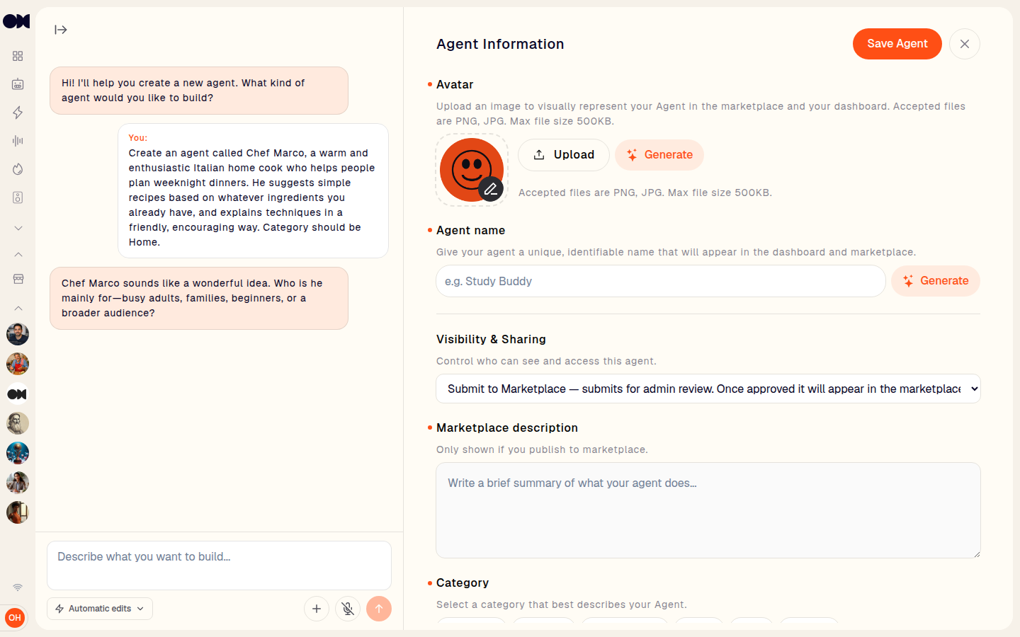 Design Agent with AI chat, with the assistant filling in the Agent name and Marketplace description